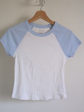 Old Navy White Tee with Light Blue Raglan Sleeves